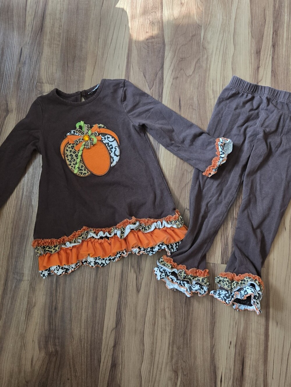 Girls 4T Brown and Orange Rare Editions Pumpkin Ruffle Set GUC